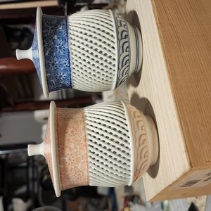 Japanese old Arita porcelain tea cup with transparent mesh pattern